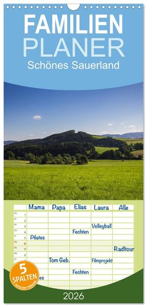 Familienplaner 2026 - Schönes Sauerland mit 5 Spalten (Wandkalender 21 x 45 cm) CALVENDO