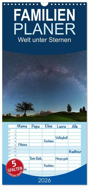 Familienplaner 2026 - Welt unter Sternen mit 5 Spalten (Wandkalender 21 x 45 cm) CALVENDO
