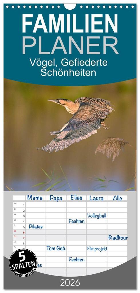 Familienplaner 2026 - Vögel Gefiederte Schönheiten mit 5 Spalten (Wandkalender 21 x 45 cm) CALVENDO