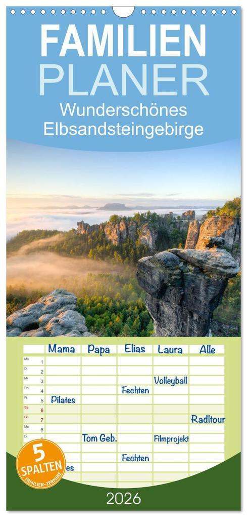 Familienplaner 2026 - Wunderschönes Elbsandsteingebirge mit 5 Spalten (Wandkalender 21 x 45 cm) CALVENDO