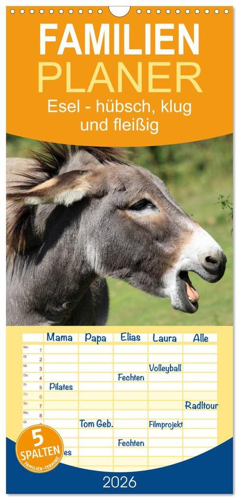 Familienplaner 2026 - Esel - hübsch klug und fleißig mit 5 Spalten (Wandkalender 21 x 45 cm) CALVENDO