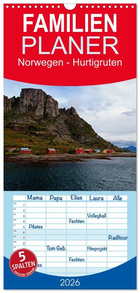 Familienplaner 2026 - Norwegen - Hurtigruten mit 5 Spalten (Wandkalender 21 x 45 cm) CALVENDO