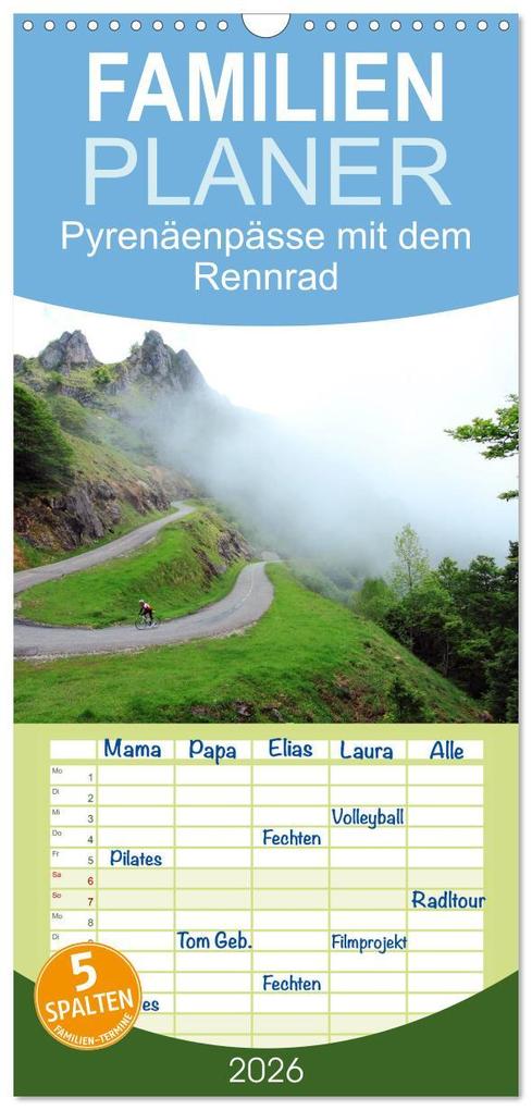 Familienplaner 2026 - Pyrenäenpässe mit dem Rennrad 2026 mit 5 Spalten (Wandkalender 21 x 45 cm) CALVENDO