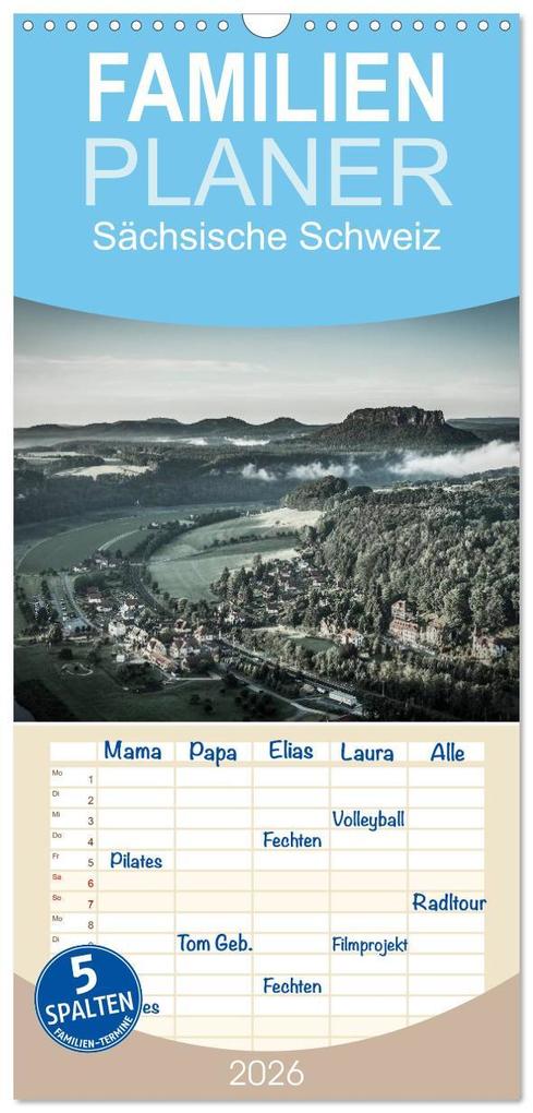 Familienplaner 2026 - Sächsische Schweiz mit 5 Spalten (Wandkalender 21 x 45 cm) CALVENDO