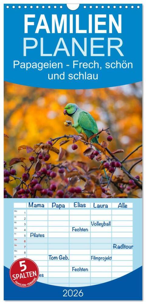 Familienplaner 2026 - Papageien - Frech schön und schlau mit 5 Spalten (Wandkalender 21 x 45 cm) CALVENDO
