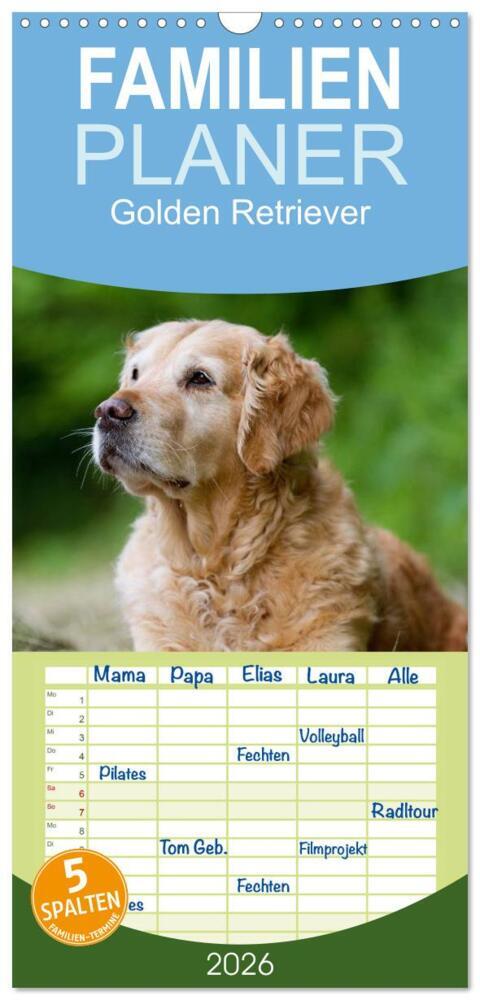 Familienplaner 2026 - Golden Retriever mit 5 Spalten (Wandkalender 21 x 45 cm) CALVENDO