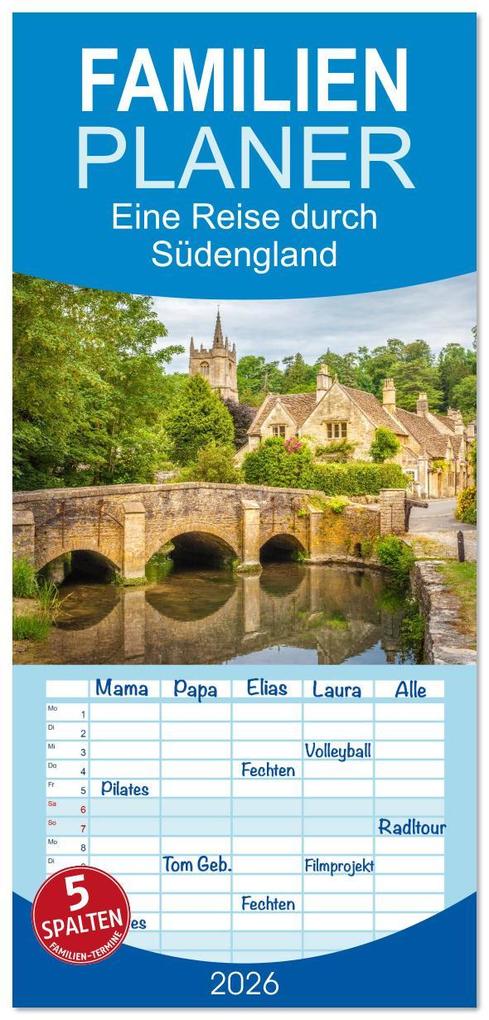 Familienplaner 2026 - Eine Reise durch Südengland mit 5 Spalten (Wandkalender 21 x 45 cm) CALVENDO