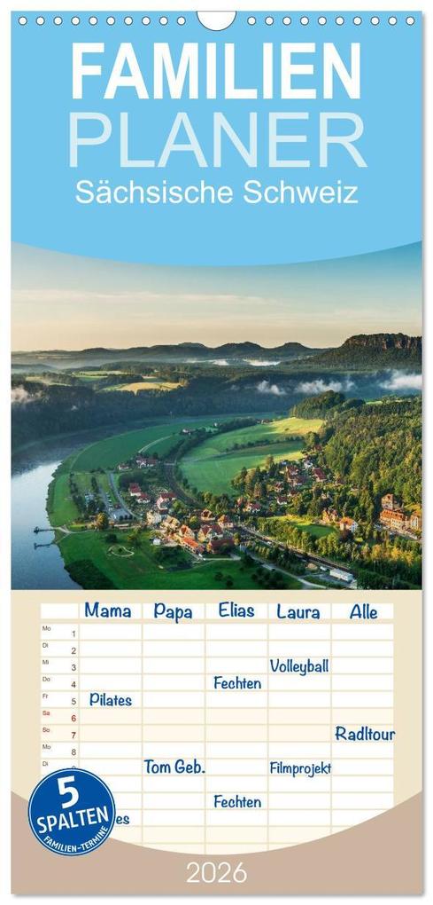 Familienplaner 2026 - Sächsische Schweiz / Geburtstagsplaner mit 5 Spalten (Wandkalender 21 x 45 cm) CALVENDO