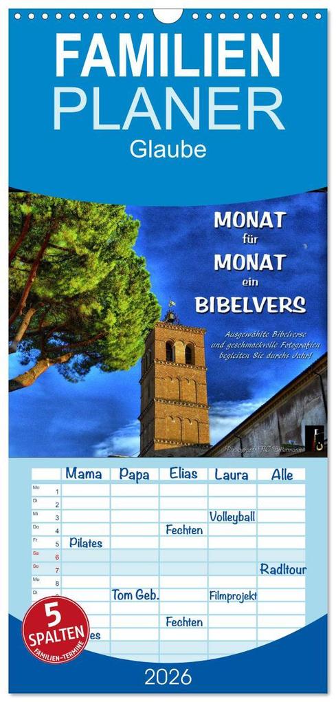 Familienplaner 2026 - Monat für Monat ein Bibelvers mit 5 Spalten (Wandkalender 21 x 45 cm) CALVENDO