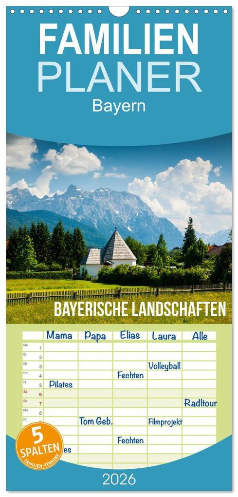 Familienplaner 2026 - Bayerische Landschaften mit 5 Spalten (Wandkalender 21 x 45 cm) CALVENDO