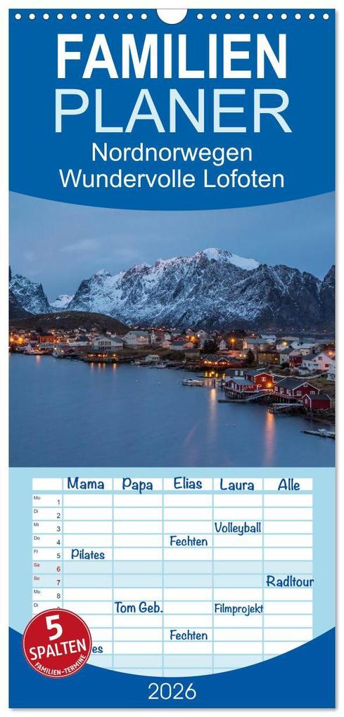 Familienplaner 2026 - Nordnorwegen - Wundervolle Lofoten mit 5 Spalten (Wandkalender 21 x 45 cm) CALVENDO