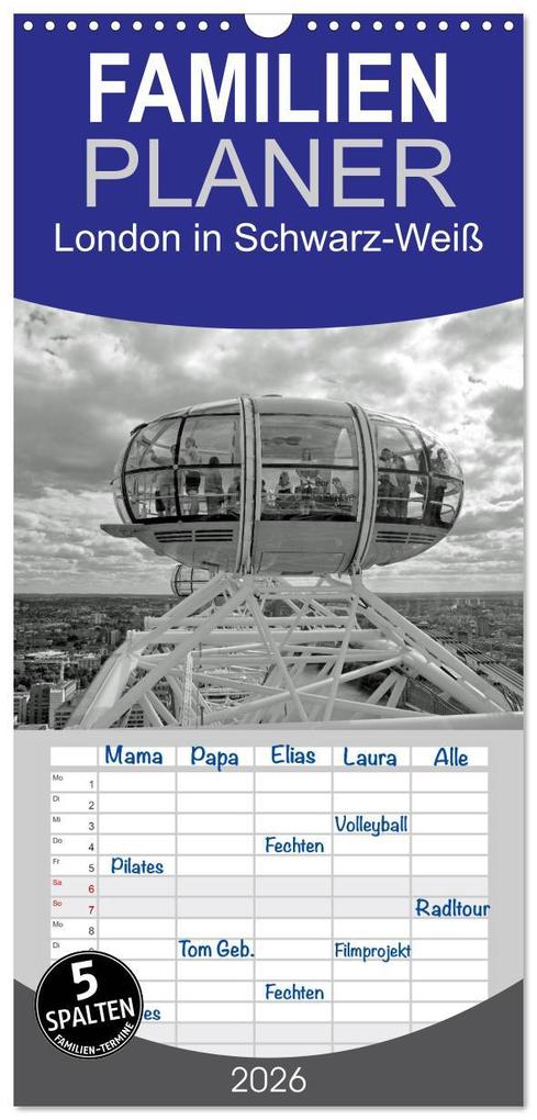 Familienplaner 2026 - London in Schwarz-Weiß mit 5 Spalten (Wandkalender 21 x 45 cm) CALVENDO