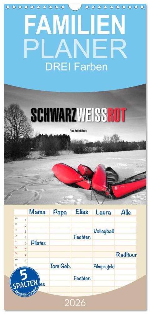 Familienplaner 2026 - Schwarz - Weiß - Rot mit 5 Spalten (Wandkalender 21 x 45 cm) CALVENDO