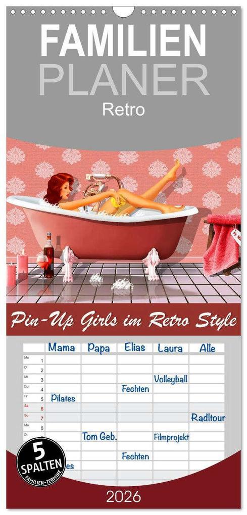 Familienplaner 2026 - Pin-Up Girls im Retro Style by Mausopardia mit 5 Spalten (Wandkalender 21 x 45 cm) CALVENDO