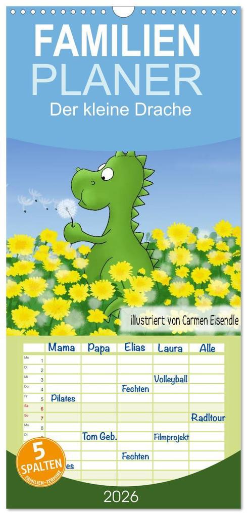Familienplaner 2026 - Der kleine Drache mit 5 Spalten (Wandkalender 21 x 45 cm) CALVENDO