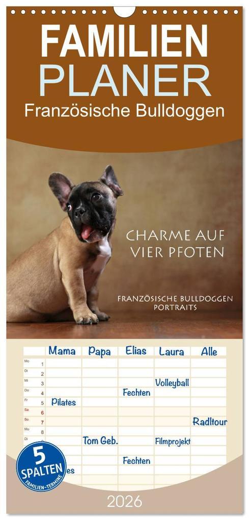 Familienplaner 2026 - Charme auf vier Pfoten - Französische Bulldoggen Portraits mit 5 Spalten (Wandkalender 21 x 45 cm) CALVENDO
