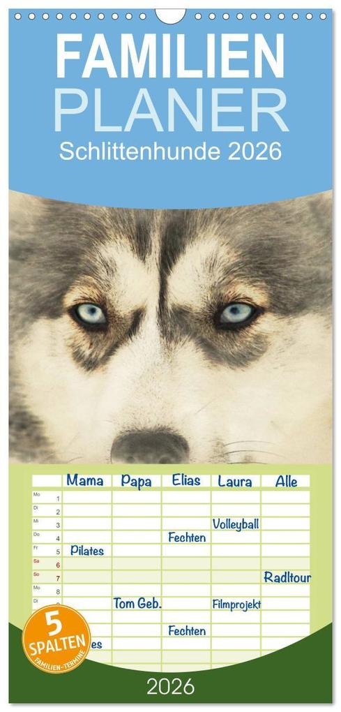 Familienplaner 2026 - Schlittenhunde 2026 mit 5 Spalten (Wandkalender 21 x 45 cm) CALVENDO