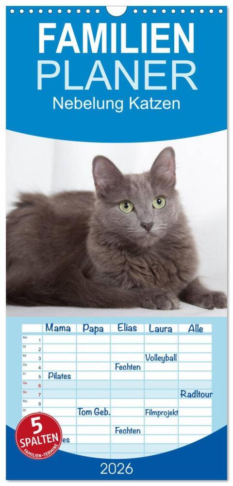 Familienplaner 2026 - Nebelung Katzen mit 5 Spalten (Wandkalender 21 x 45 cm) CALVENDO