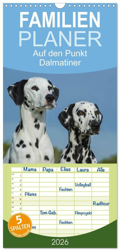 Familienplaner 2026 - Auf den Punkt - Dalmatiner mit 5 Spalten (Wandkalender 21 x 45 cm) CALVENDO