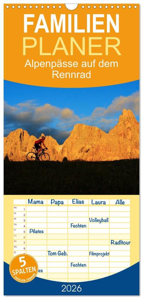 Familienplaner 2026 - Alpenpässe auf dem Rennrad 'Himmlische Serpentinen' mit 5 Spalten (Wandkalender 21 x 45 cm) CALVENDO