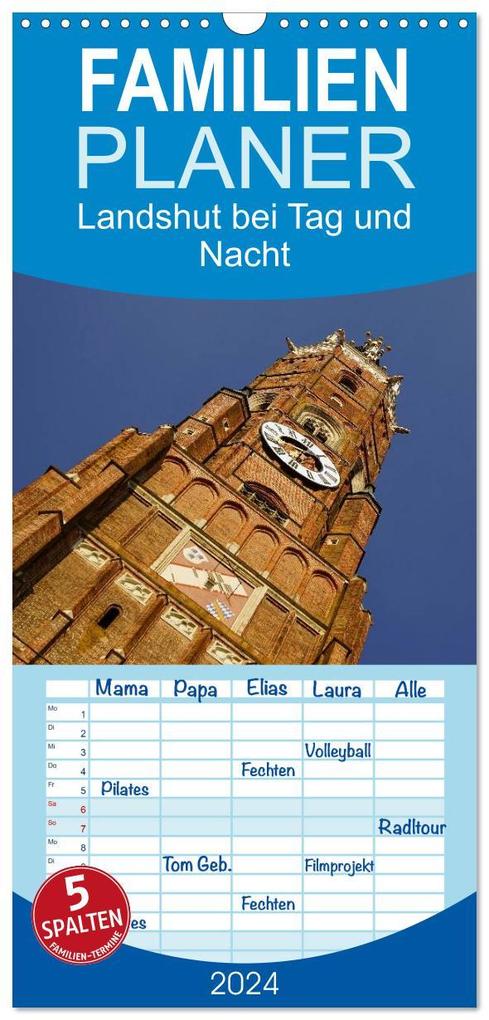 Familienplaner 2026 - Landshut bei Tag und Nacht mit 5 Spalten (Wandkalender 21 x 45 cm) CALVENDO