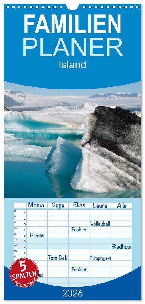Familienplaner 2026 - Island mit 5 Spalten (Wandkalender 21 x 45 cm) CALVENDO