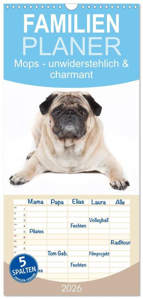 Familienplaner 2026 - Mops - unwiderstehlich und charmant mit 5 Spalten (Wandkalender 21 x 45 cm) CALVENDO