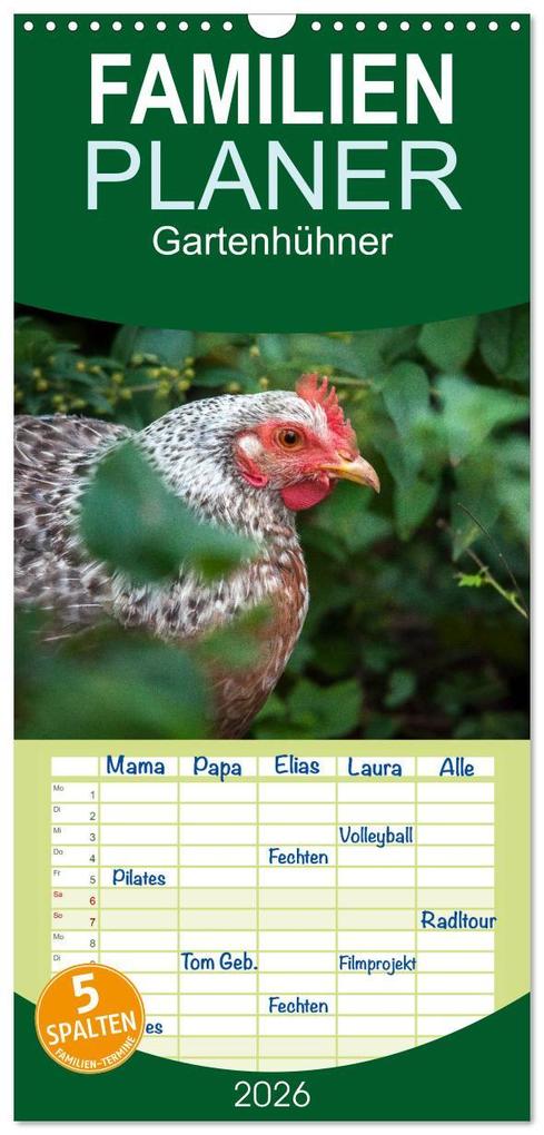 Familienplaner 2026 - Gartenhühner mit 5 Spalten (Wandkalender 21 x 45 cm) CALVENDO