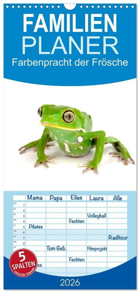 Familienplaner 2026 - Farbenpracht der Frösche mit 5 Spalten (Wandkalender 21 x 45 cm) CALVENDO