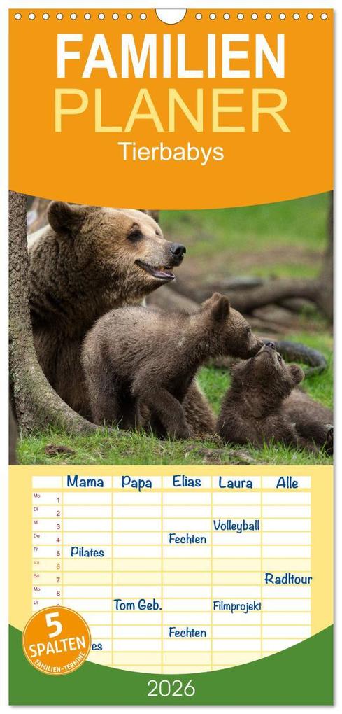 Familienplaner 2026 - Tierbabys 2026 mit 5 Spalten (Wandkalender 21 x 45 cm) CALVENDO