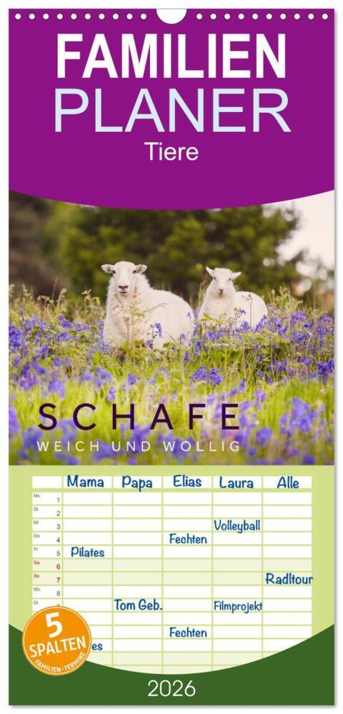 Familienplaner 2026 - Schafe - Weich und wollig mit 5 Spalten (Wandkalender 21 x 45 cm) CALVENDO