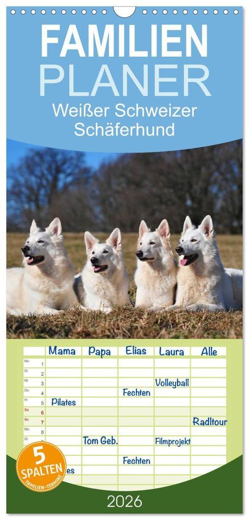 Familienplaner 2026 - Weißer Schweizer Schäferhund mit 5 Spalten (Wandkalender 21 x 45 cm) CALVENDO