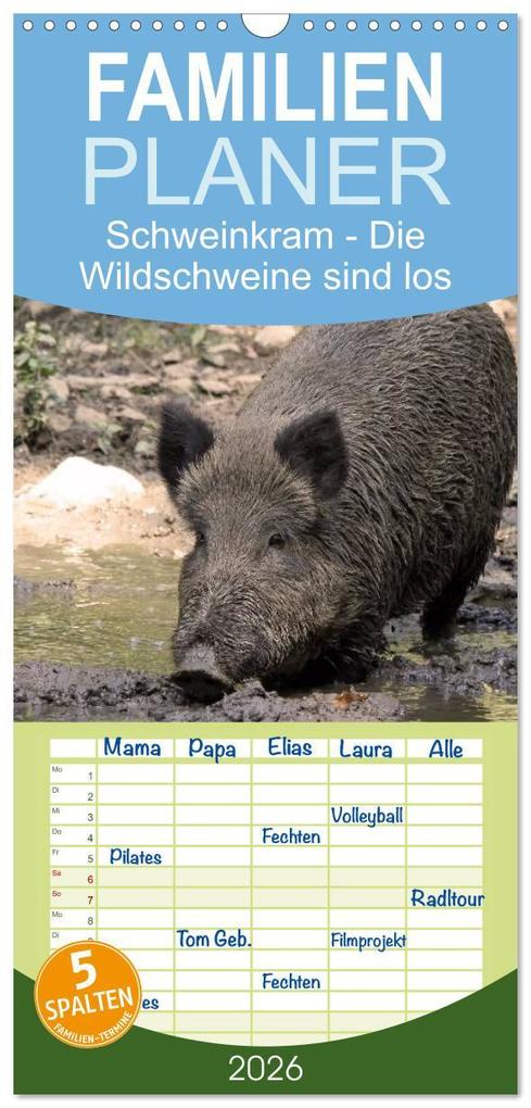 Familienplaner 2026 - Schweinkram - Die Wildschweine sind los mit 5 Spalten (Wandkalender 21 x 45 cm) CALVENDO