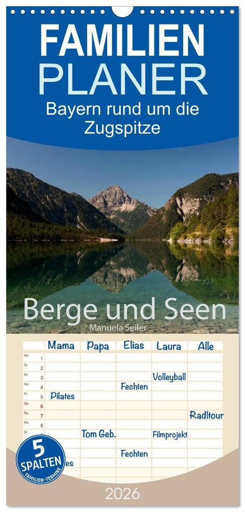 Familienplaner 2026 - Berge und Seen rund um die Zugspitze mit 5 Spalten (Wandkalender 21 x 45 cm) CALVENDO