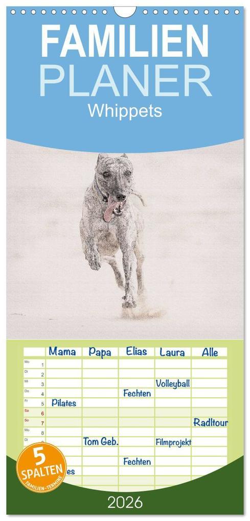 Familienplaner 2026 - Whippet 2026 mit 5 Spalten (Wandkalender 21 x 45 cm) CALVENDO