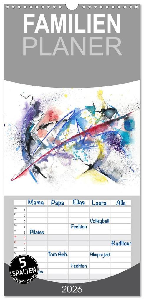 Familienplaner 2026 - Abstrakte Aquarelle mit 5 Spalten (Wandkalender 21 x 45 cm) CALVENDO
