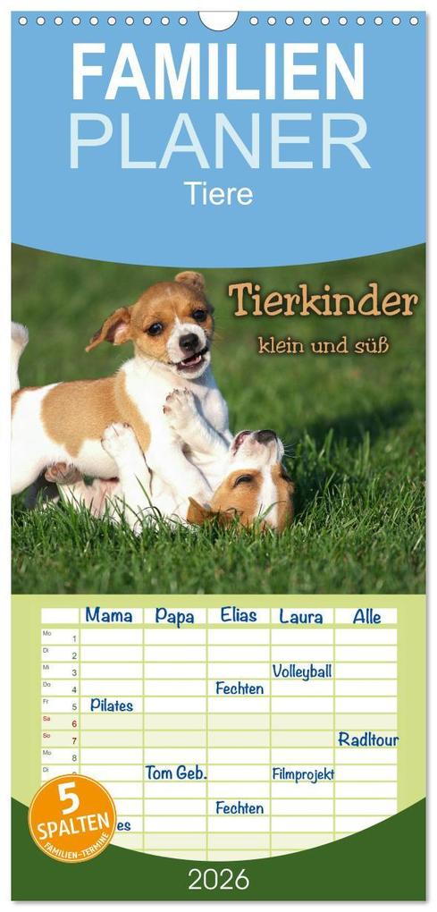 Familienplaner 2026 - Tierkinder klein und süß mit 5 Spalten (Wandkalender 21 x 45 cm) CALVENDO