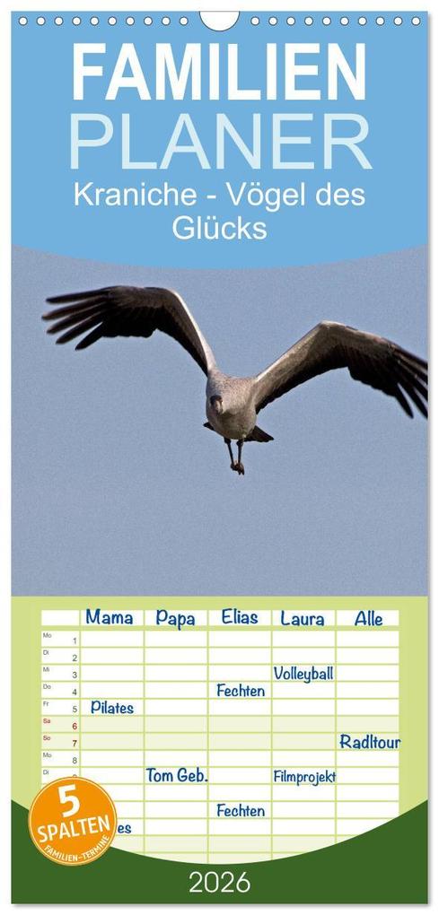 Familienplaner 2026 - Kraniche - Vögel des Glücks mit 5 Spalten (Wandkalender 21 x 45 cm) CALVENDO
