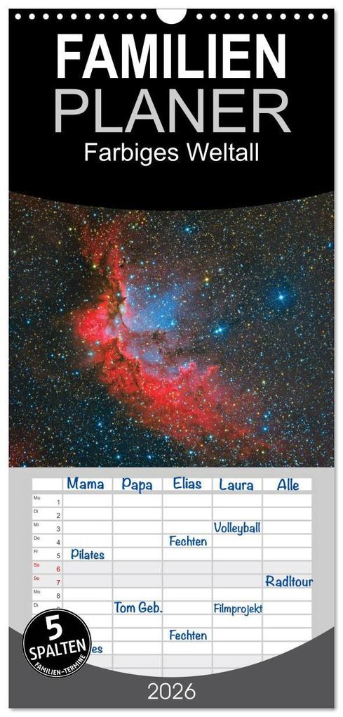 Familienplaner 2026 - Farbiges Weltall mit 5 Spalten (Wandkalender 21 x 45 cm) CALVENDO