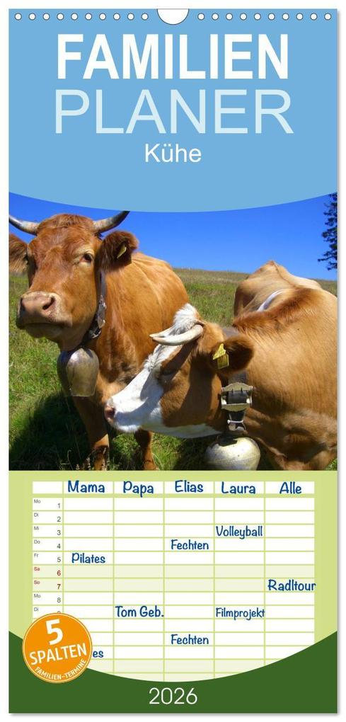 Familienplaner 2026 - Kühe mit 5 Spalten (Wandkalender 21 x 45 cm) CALVENDO