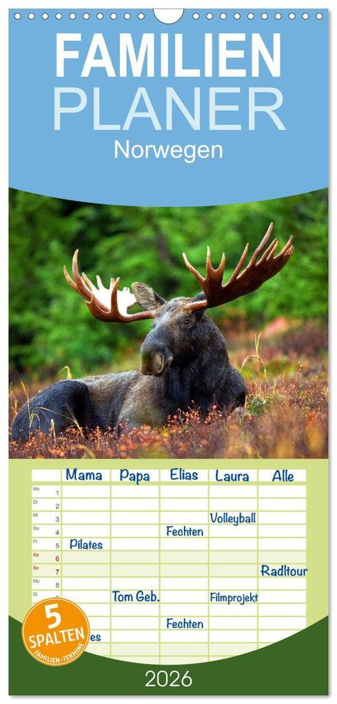 Familienplaner 2026 - Norwegen mit 5 Spalten (Wandkalender 21 x 45 cm) CALVENDO