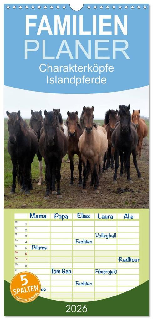 Familienplaner 2026 - Charakterköpfe Islandpferde mit 5 Spalten (Wandkalender 21 x 45 cm) CALVENDO