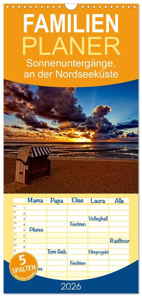 Familienplaner 2026 - Sonnenuntergänge an der Nordseeküste vor Cuxhaven mit 5 Spalten (Wandkalender 21 x 45 cm) CALVENDO