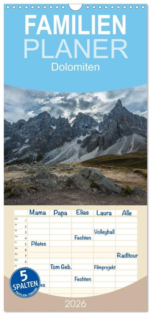 Familienplaner 2026 - Dolomiten mit 5 Spalten (Wandkalender 21 x 45 cm) CALVENDO