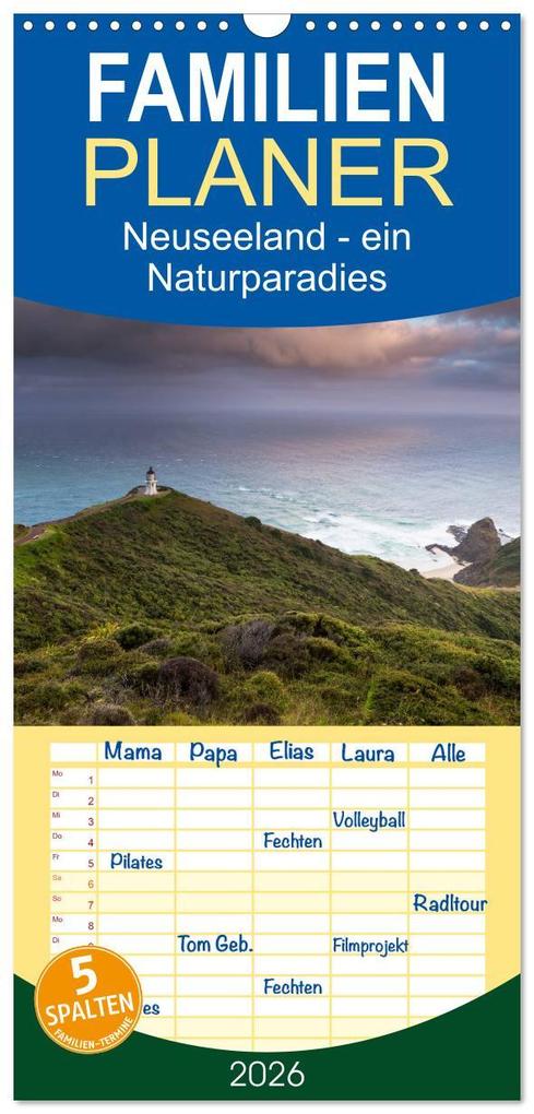 Familienplaner 2026 - Neuseeland - ein Naturparadies mit 5 Spalten (Wandkalender 21 x 45 cm) CALVENDO