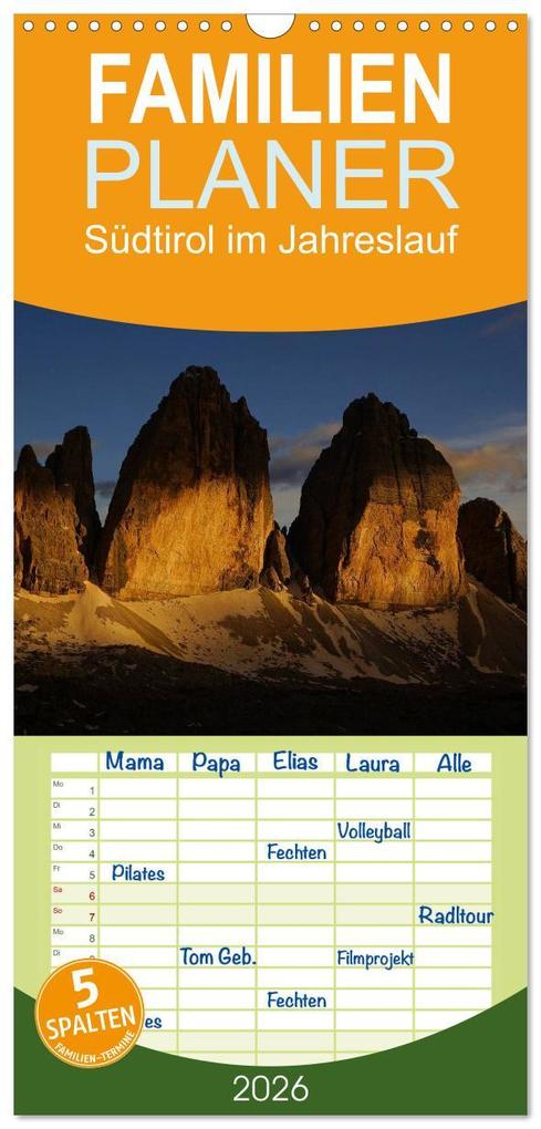 Familienplaner 2026 - Südtirol im Jahreslauf mit 5 Spalten (Wandkalender 21 x 45 cm) CALVENDO