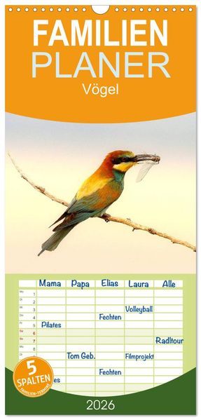 Familienplaner 2026 - Vögel mit 5 Spalten (Wandkalender 21 x 45 cm) CALVENDO
