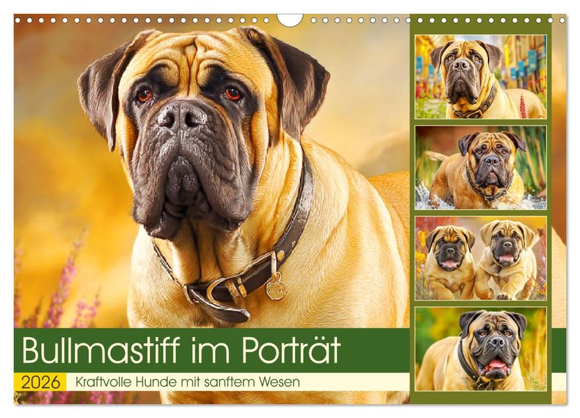 Bullmastiff im Porträt. Kraftvolle Hunde mit sanftem Wesen (Wandkalender 2026 DIN A3 quer) CALVENDO Monatskalender