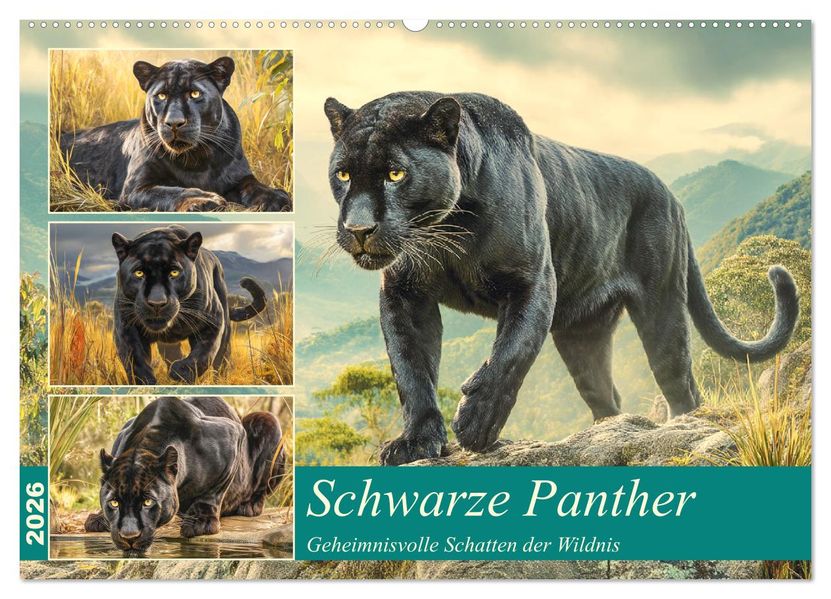 Schwarze Panther. Geheimnisvolle Schatten der Wildnis (Wandkalender 2026 DIN A2 quer) CALVENDO Monatskalender
