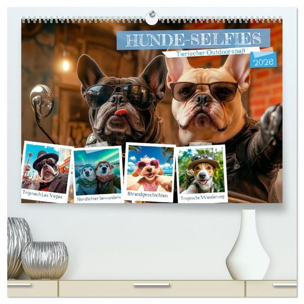 HUNDE-SELFIES Tierischer Outdoorspaß (hochwertiger Premium Wandkalender 2026 DIN A2 quer) Kunstdruck in Hochglanz